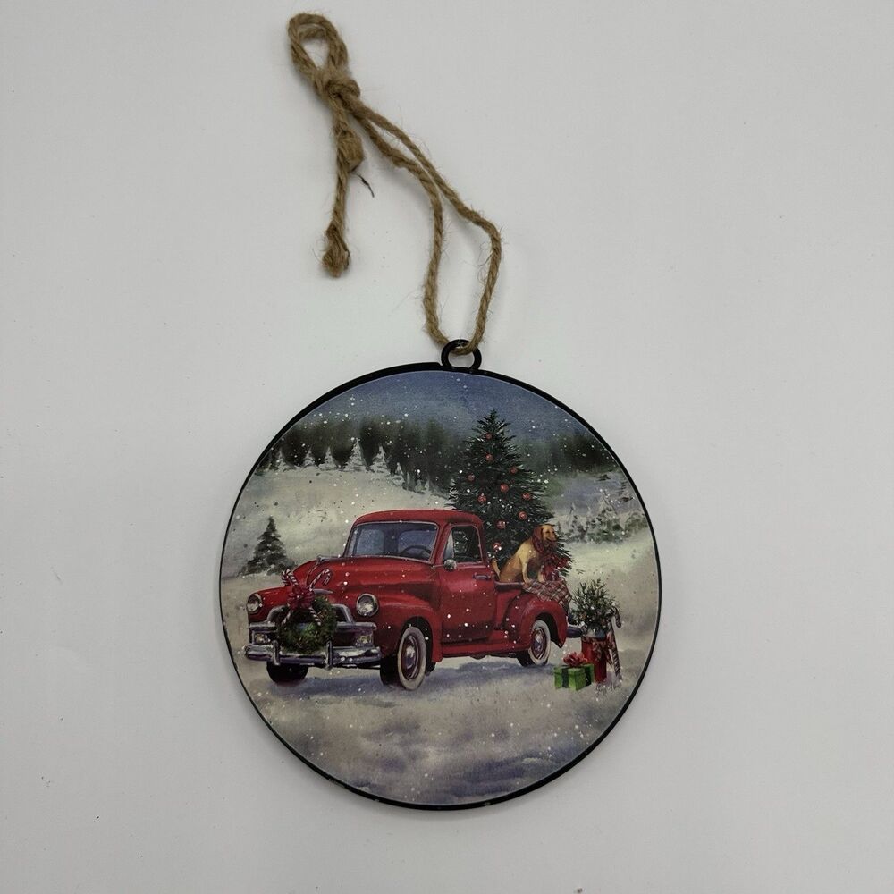 Painted Labrador with Tractors and Trucks Hanging Christmas Ornament